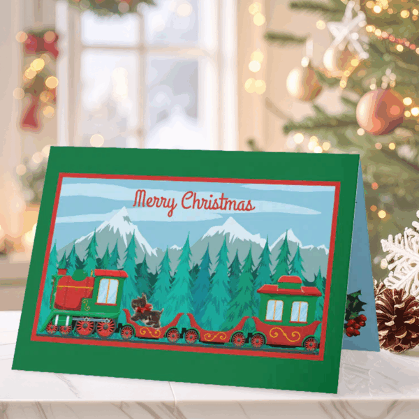 MerryChristmasTrainOnCounter-FadedTree Merry Christmas Train with Little Scotty Dog Card