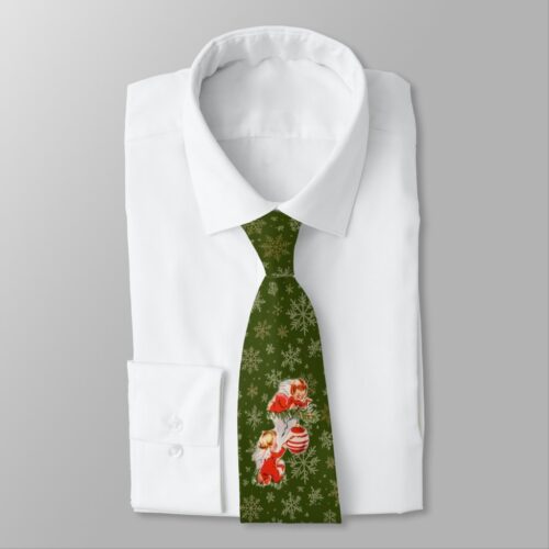 Angels Decorating on Green with Gold Snowflakes Neck Tie