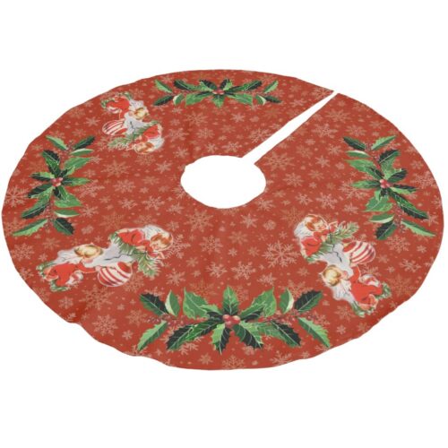 Angels Decorating Red | Gold Snowflakes Brushed Polyester Tree Skirt
