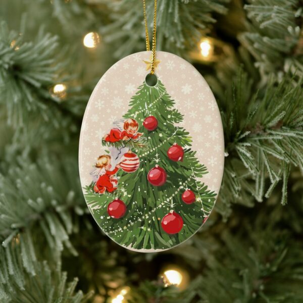 Angels Decorating the Christmas Tree Ceramic Ornament