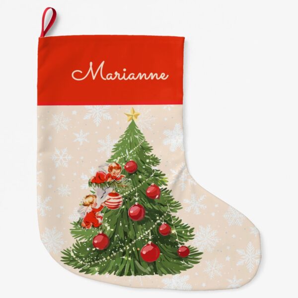 Angels Decorating the Christmas Tree Large Christmas Stocking
