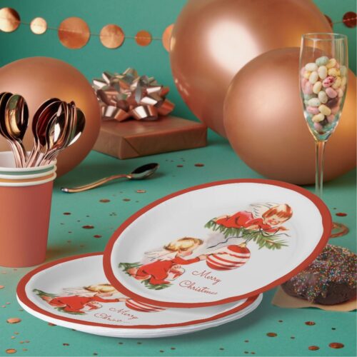 Angels Decorating the Christmas Tree Paper Plates. Set of 8.