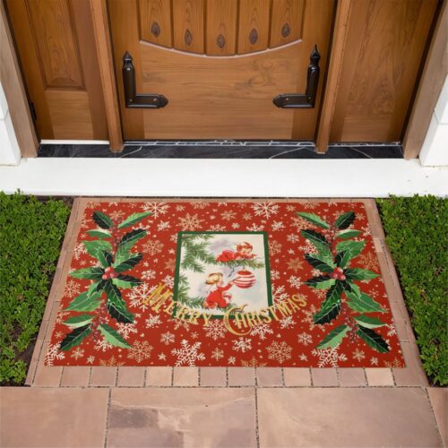 Angels Decorating Tree on Red with Gold Snowflakes Doormat