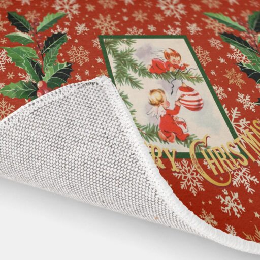 Angels Decorating Tree on Red with Gold Snowflakes Rug