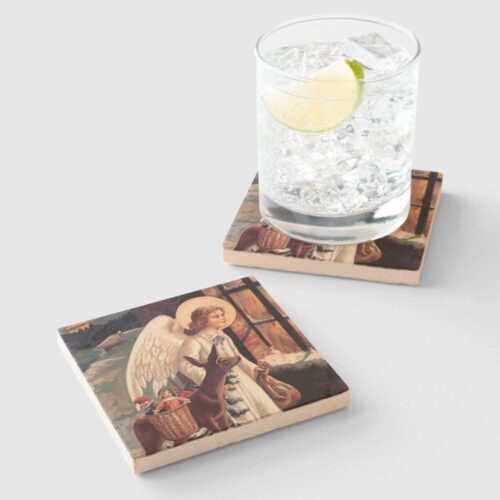 Christmas Angel With Deer Stone Coaster