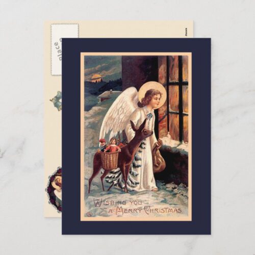 Christmas Angel With Deer Vintage Postcard