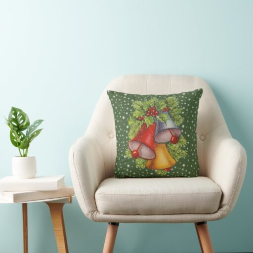 Christmas Bells Green Throw Pillow
