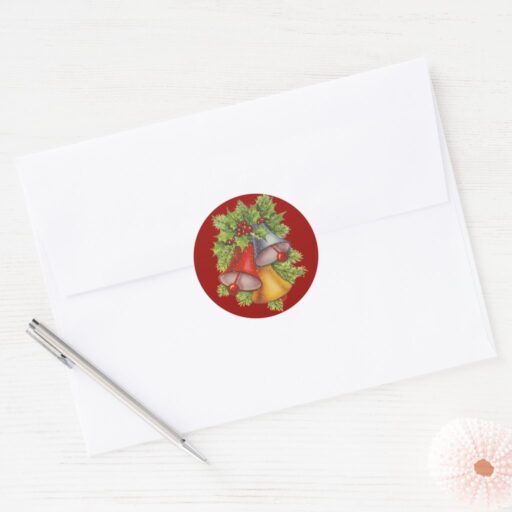 Christmas Bells on Blue Classic Round Stickesr. Sheet of 20.