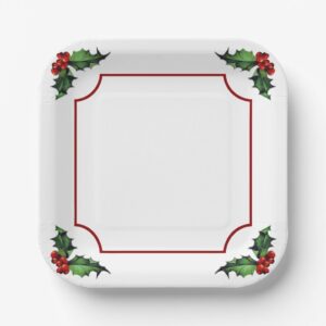 Christmas Holly Paper Plates. Set of 8.