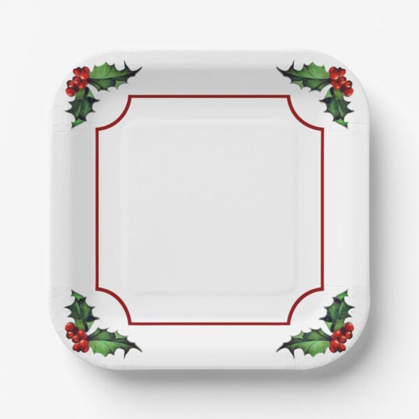 Christmas Holly Paper Plates. Set of 8.
