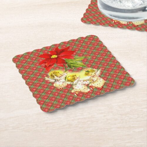 Christmas Plaid with Angels Paper Coasters. Set of 6.