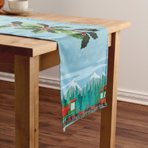 Christmas Train on Sky Blue Long Table Runner