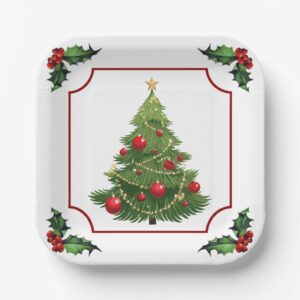 Christmas Tree with Holly Paper Plates. Set of 8.
