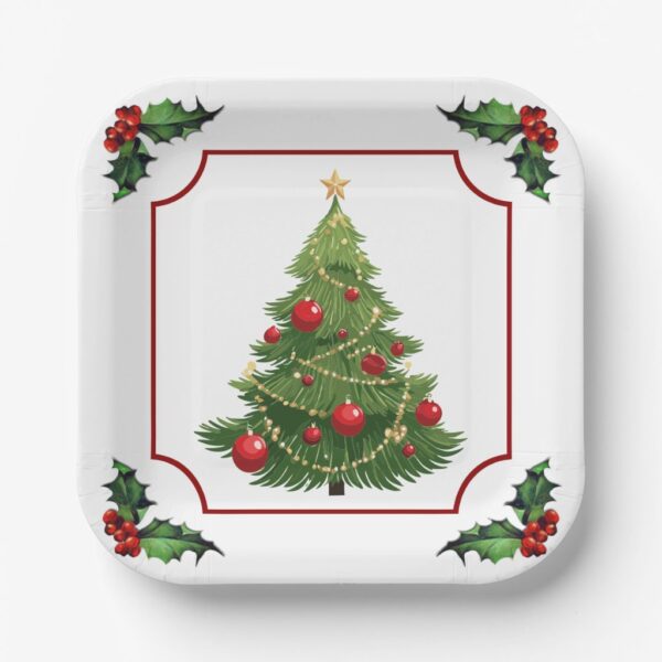 Christmas Tree with Holly Paper Plates. Set of 8.