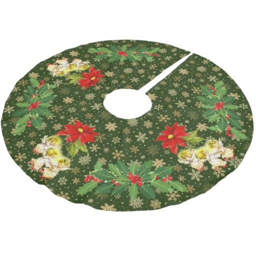 Dancing Baby Angels on Green with Gold Snowflakes Brushed Polyester Tree Skirt