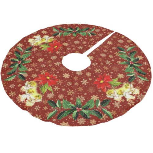 Dancing Baby Angels on Red with Gold Snowflakes Brushed Polyester Tree Skirt
