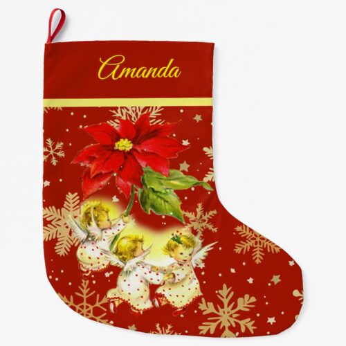 Dancing Baby Angels on Red with Gold Snowflakes Large Christmas Stocking