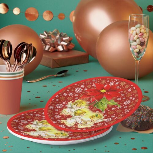 Dancing Baby Angels with Gold Snowflakes on Red Paper Plates. Set of 8.