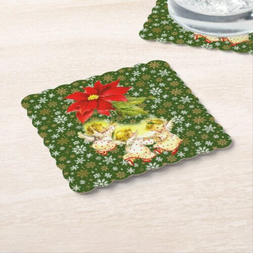 Dancing Baby Angels with Snowflakes on Green Paper Coasters. Set of 6.