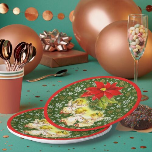 Dancing Baby Angels with Snowflakes on Green Paper Plates. Set of 8.
