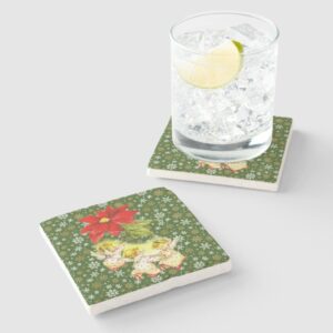 Dancing Baby Angels with Snowflakes on Green Stone Coaster
