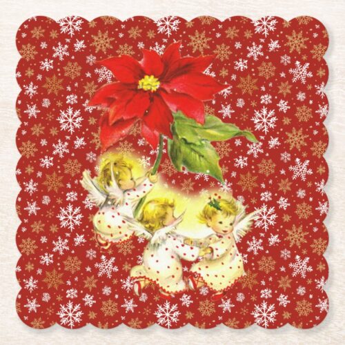Dancing Baby Angels with Snowflakes on Red Paper Coasters. Set of 6.