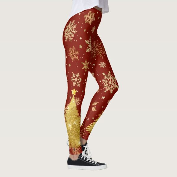 Gold Christmas Tree and Gold Snowflakes on Red Leggings
