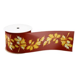 Gold Holly on Red Satin Ribbon