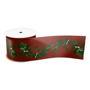 Green Holly on Red Satin Ribbon