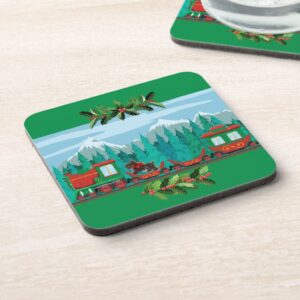 Green Merry Christmas Train Beverage Cork Coaster