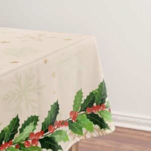 Holly and Berries on Gold Snowflake Tablecloth