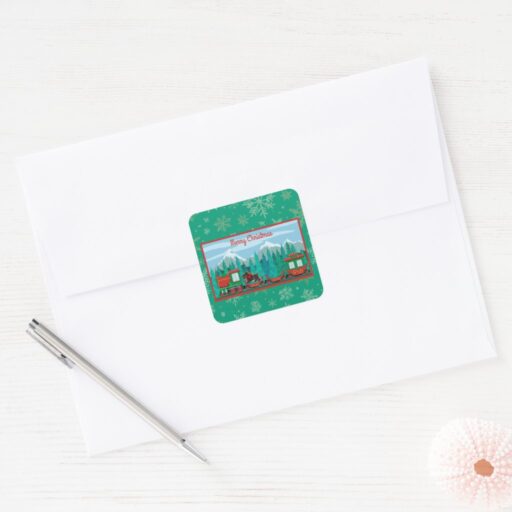 Merry Christmas Train with Dog Square Sticker. Sheet of 20.