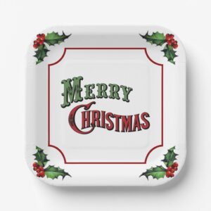 Merry Christmas with Holly Paper Plates. Set of 8.