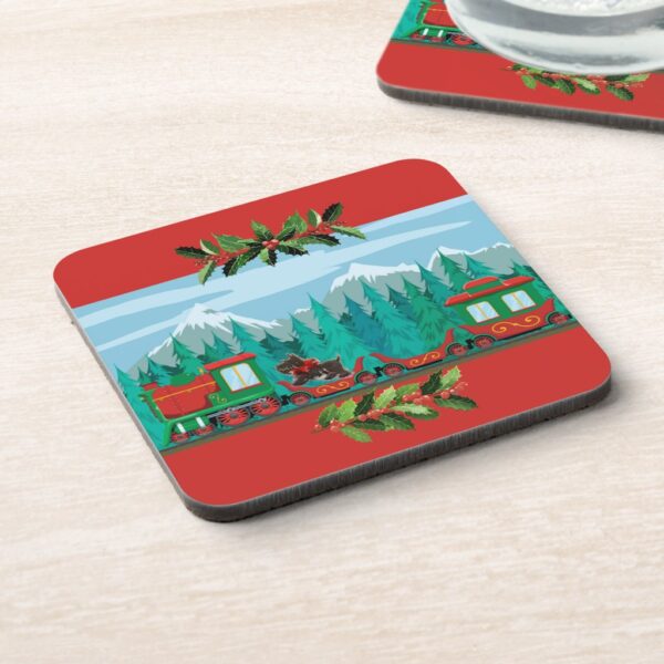 Red Merry Christmas Train Beverage Cork Coaster