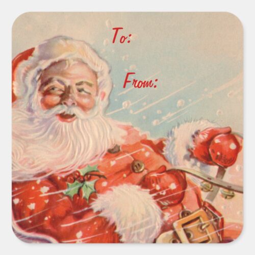 Santas Sleigh Ride Square Gift Tag Stickersrs. Sheet of 20.