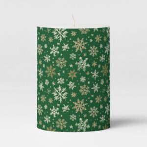 Snowflakes on Green Pillar Candle