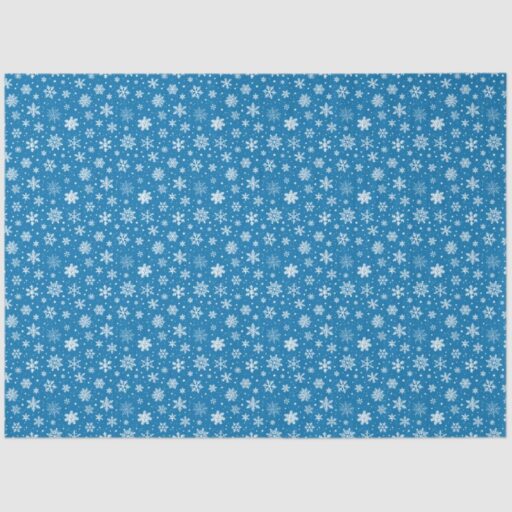 White Snowflakes on Bright Blue Tissue Paper.  3 Sheets.