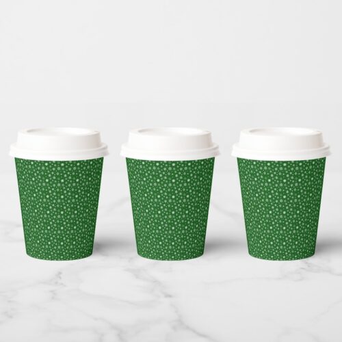 White Snowflakes on Green Paper Cups. Set of 8.