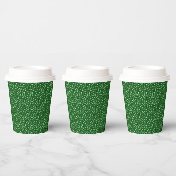 White Snowflakes on Green Paper Cups