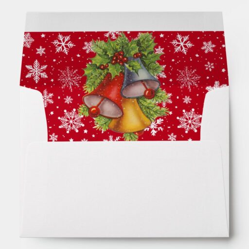 White Snowflakes on Red with Bells Insert Envelope