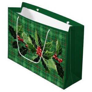 Christmas Green Plaid with Wreath Large Gift Bag