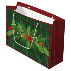 Christmas Green Plaid with Wreath Large Gift Bag