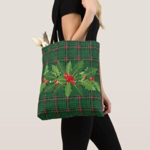 Christmas Green Plaid with Wreath Tote Bag