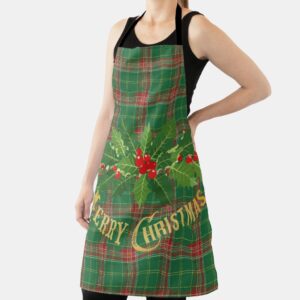 Christmas Green red Plaid With Wreath Apron