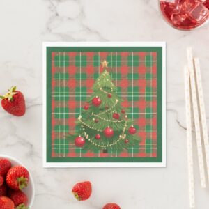 Christmas Plaid Green, Red, Gold, White Napkins. Set of 50.