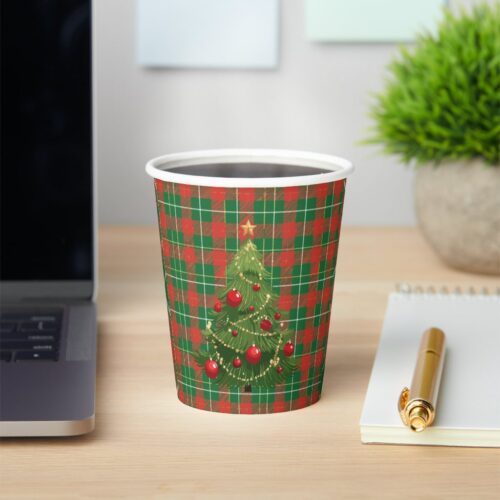 Christmas Plaid Green, Red, Gold, White Paper Cups. Set of 8.