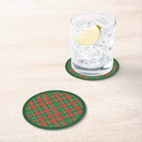 Christmas Plaid Green, Red, Gold, White Round Paper Coasters. Set of 6.