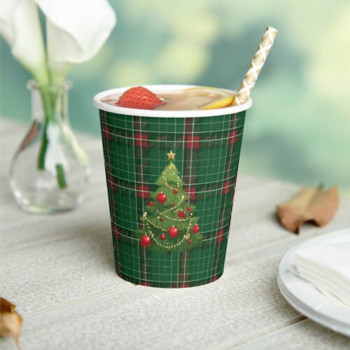 Christmas Plaid Green, Red Paper Cups. Set of 8.