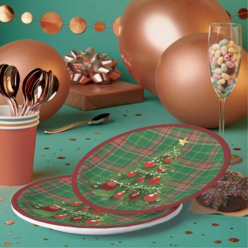 Christmas Plaid Green, Red with Gold Paper Plates. Set of 8.
