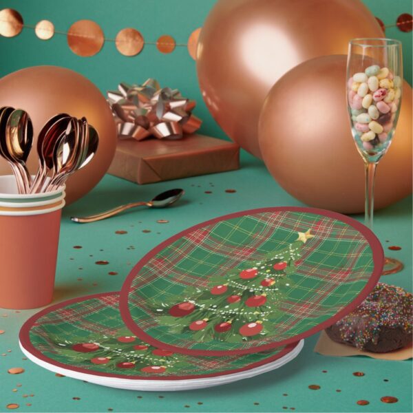 Christmas Plaid Green, Red with Gold Paper Plates. Set of 8.